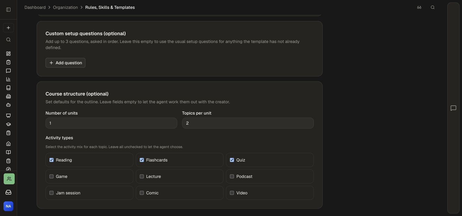 The template's course structure and activity selections
