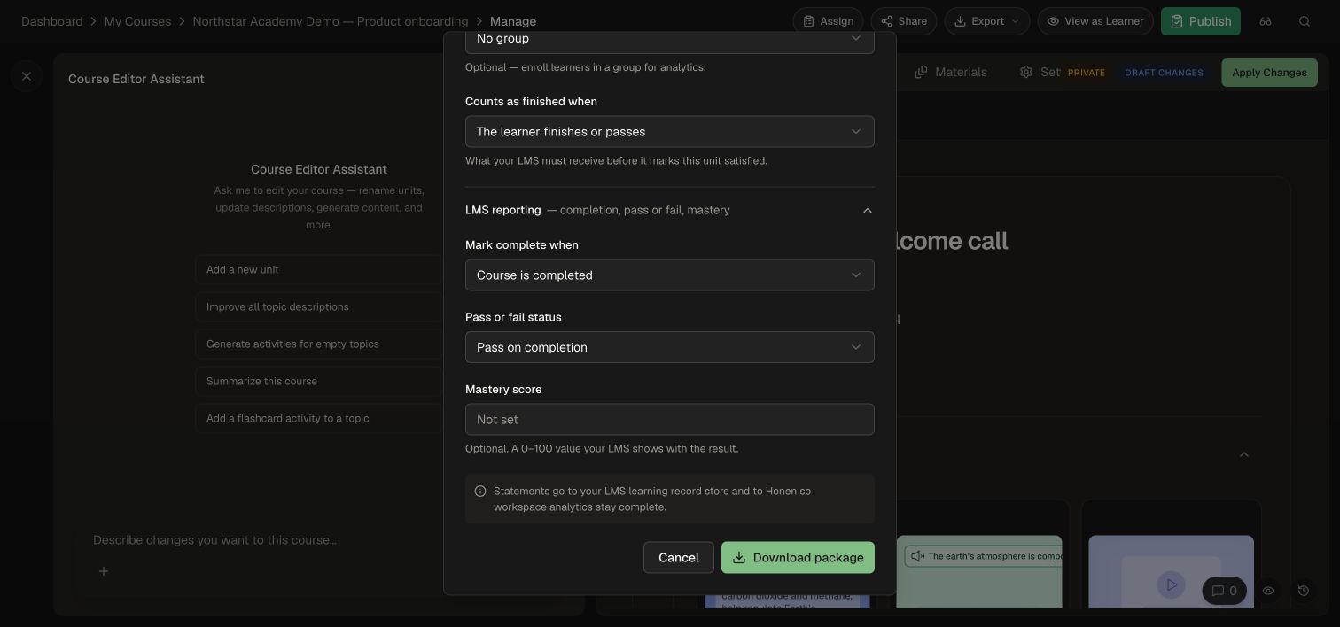 The cmi5 reporting settings, including completion, pass or fail, and mastery score