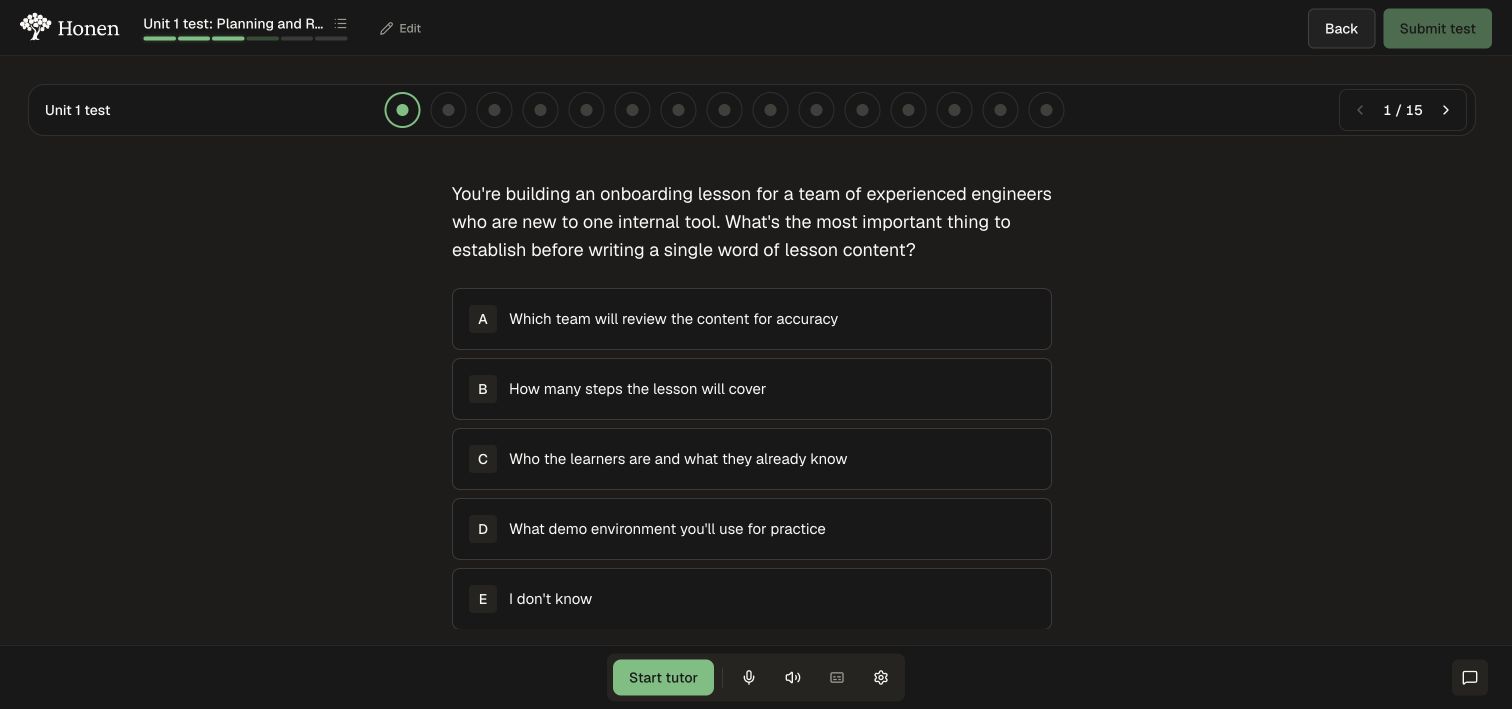 The demo unit test shows question progress and the Submit test action