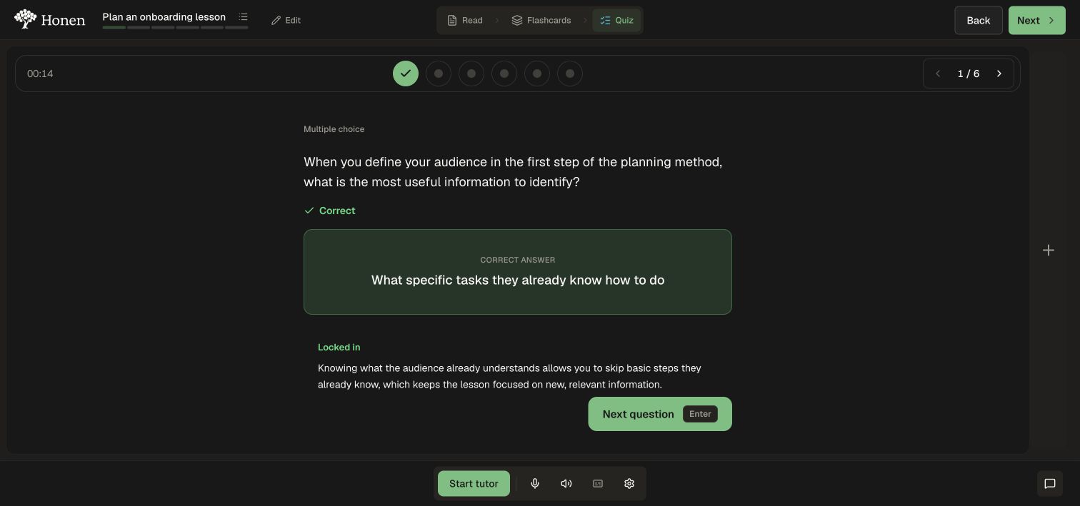 Feedback explains why the selected answer is correct