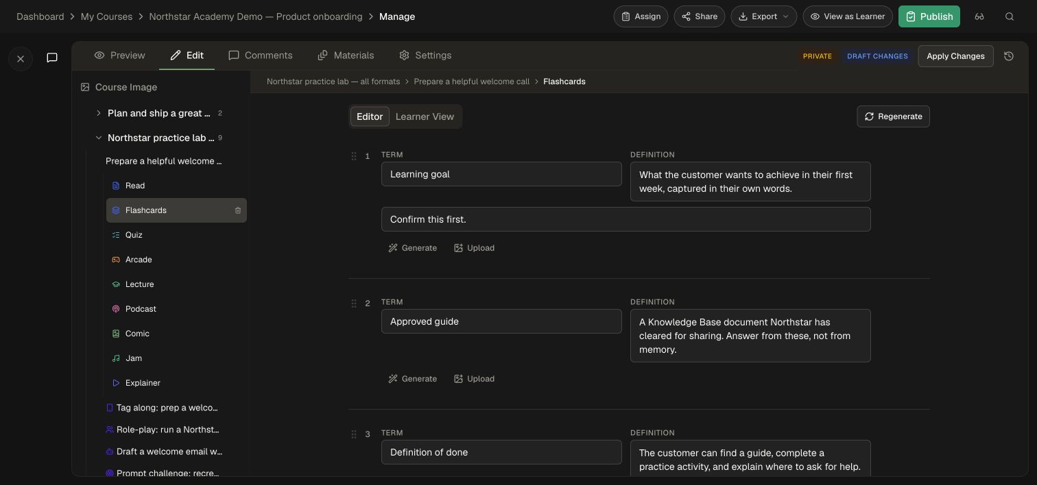 The demo flashcard editor exposes terms, definitions, hints, and image controls