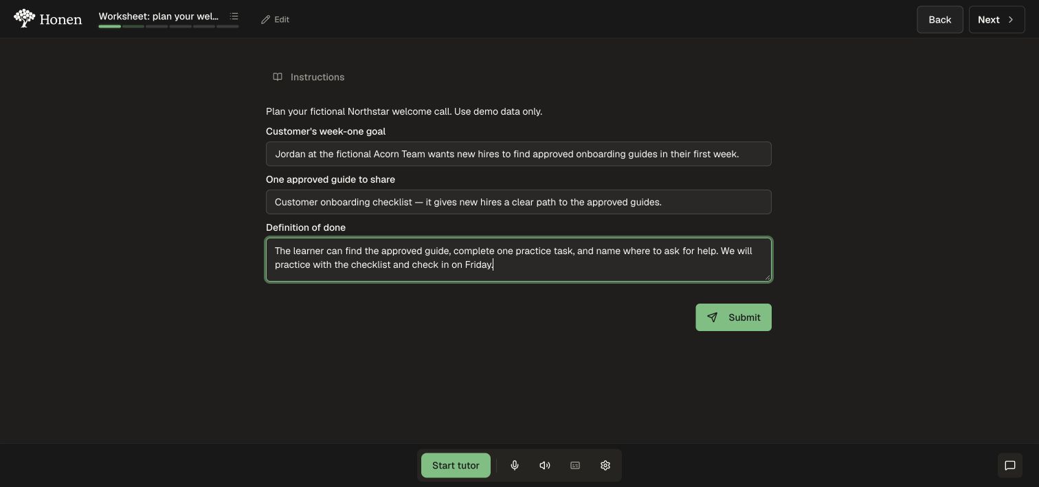 The learner fills in the goal, approved guide, and definition of done before submitting