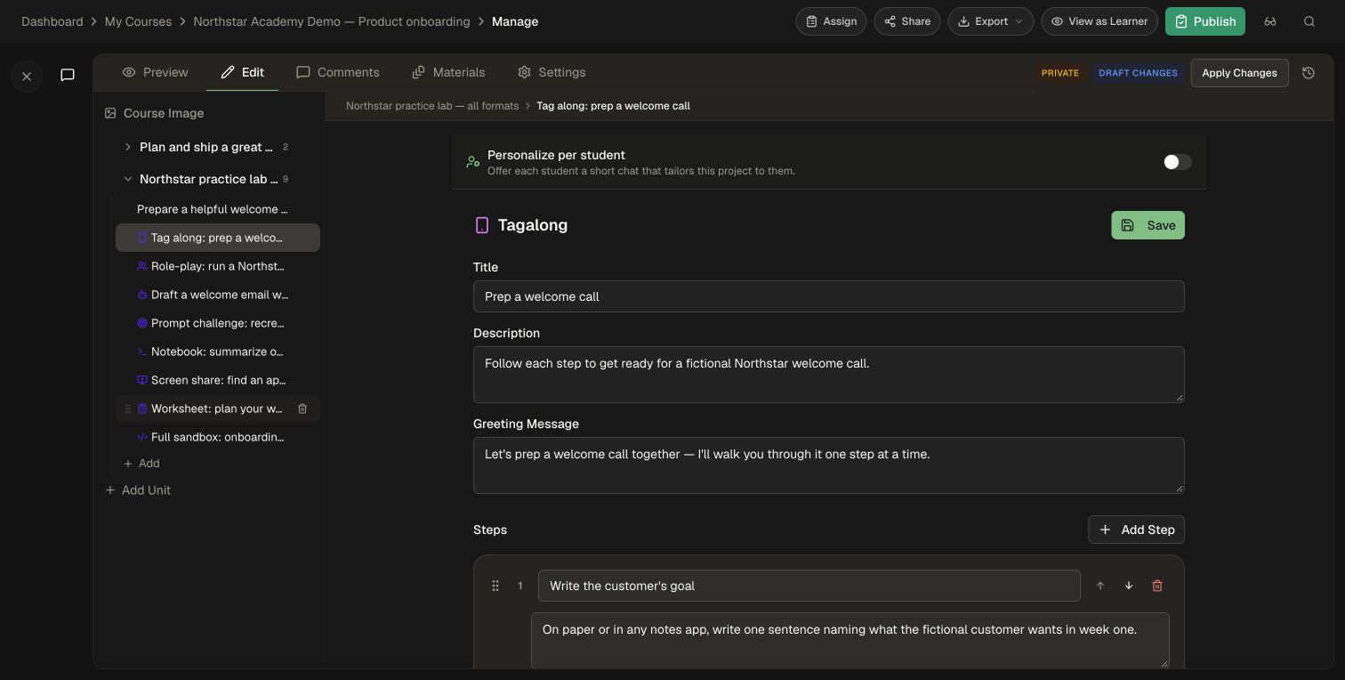 Tagalong editor showing a fictional Northstar welcome-call procedure