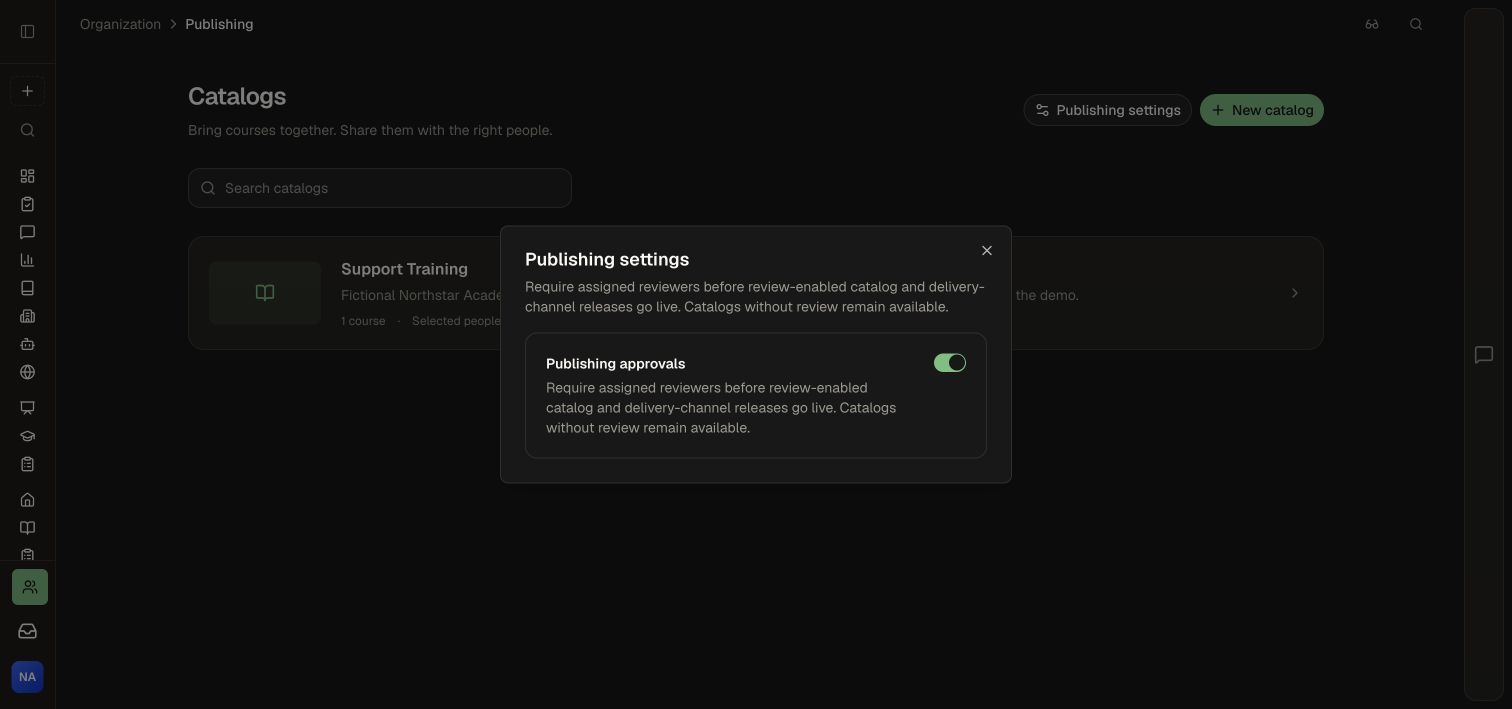 The workspace publishing-approval setting enabled in Northstar Academy