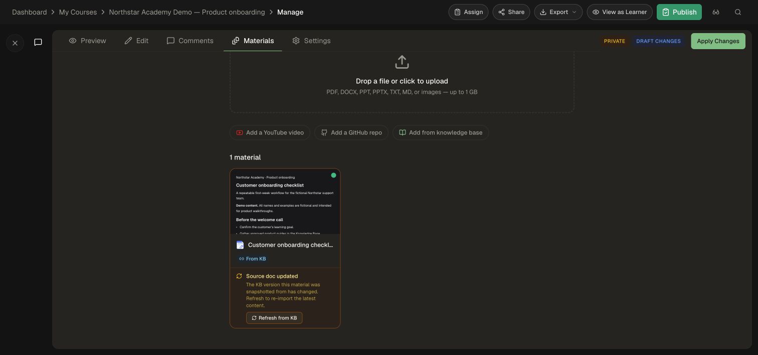 The linked course material shows Source doc updated and Refresh from KB