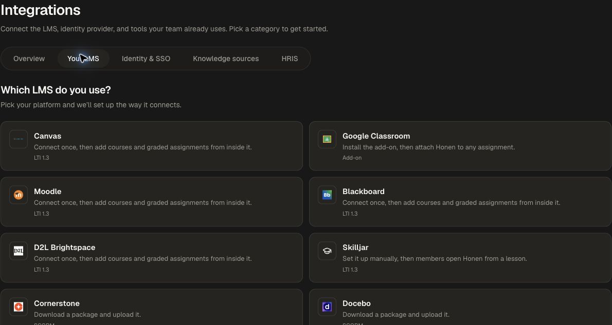 Choose your platform in Honen’s LMS integration settings