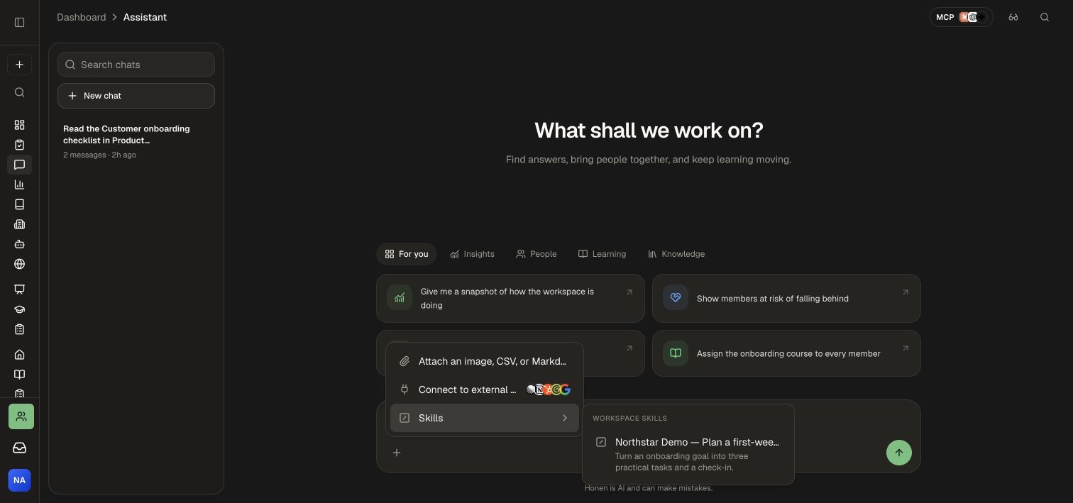 Choose the saved Skill from Attach → Skills