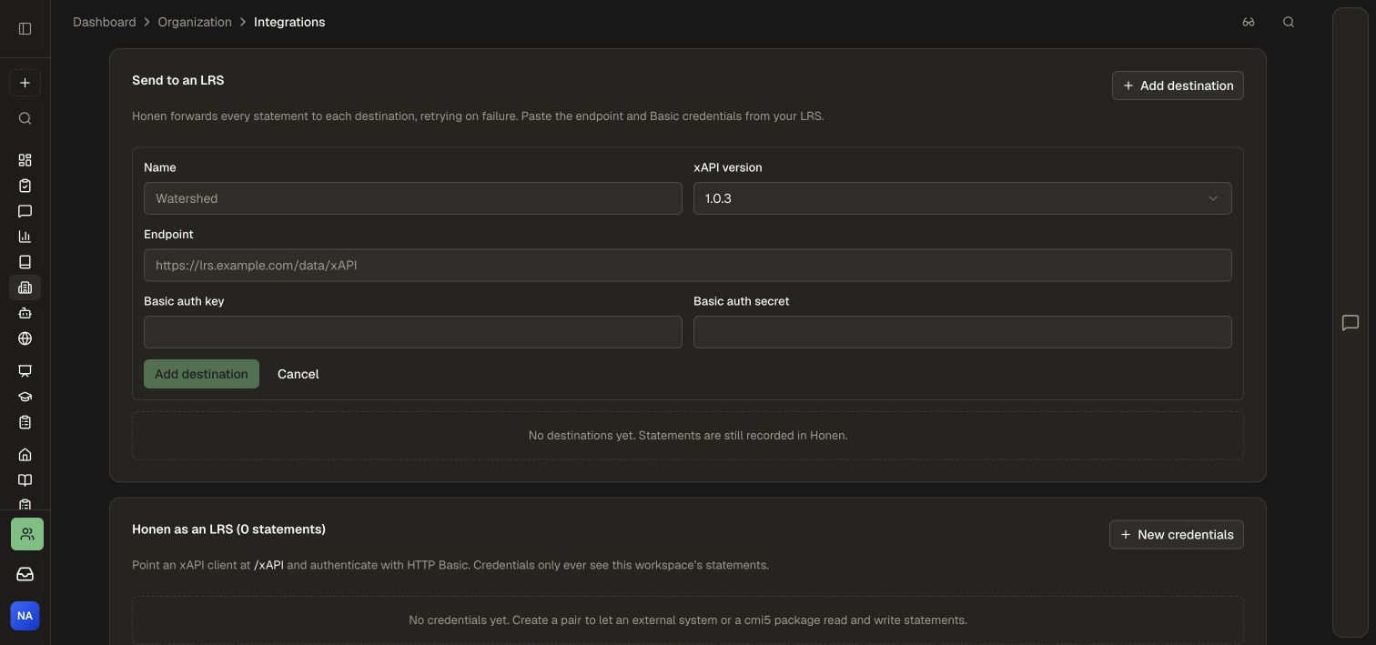 The xAPI destination form, ready for your LRS endpoint and credentials