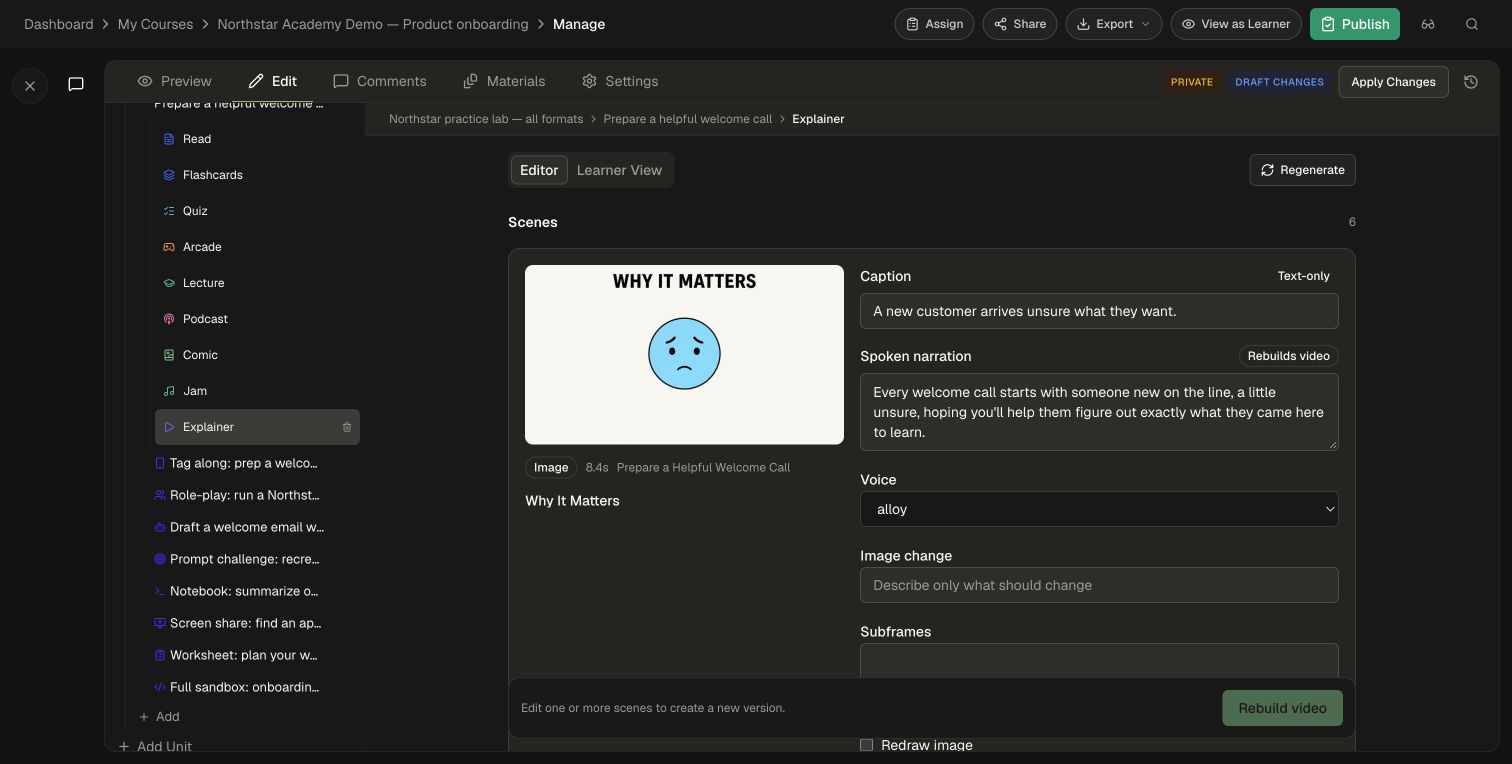 The demo explainer exposes scene captions, narration, voice, and Rebuild video