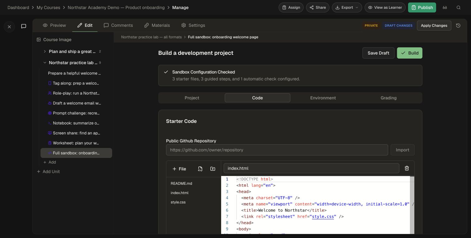 Full Sandbox Code editor with starter files and a successful configuration check