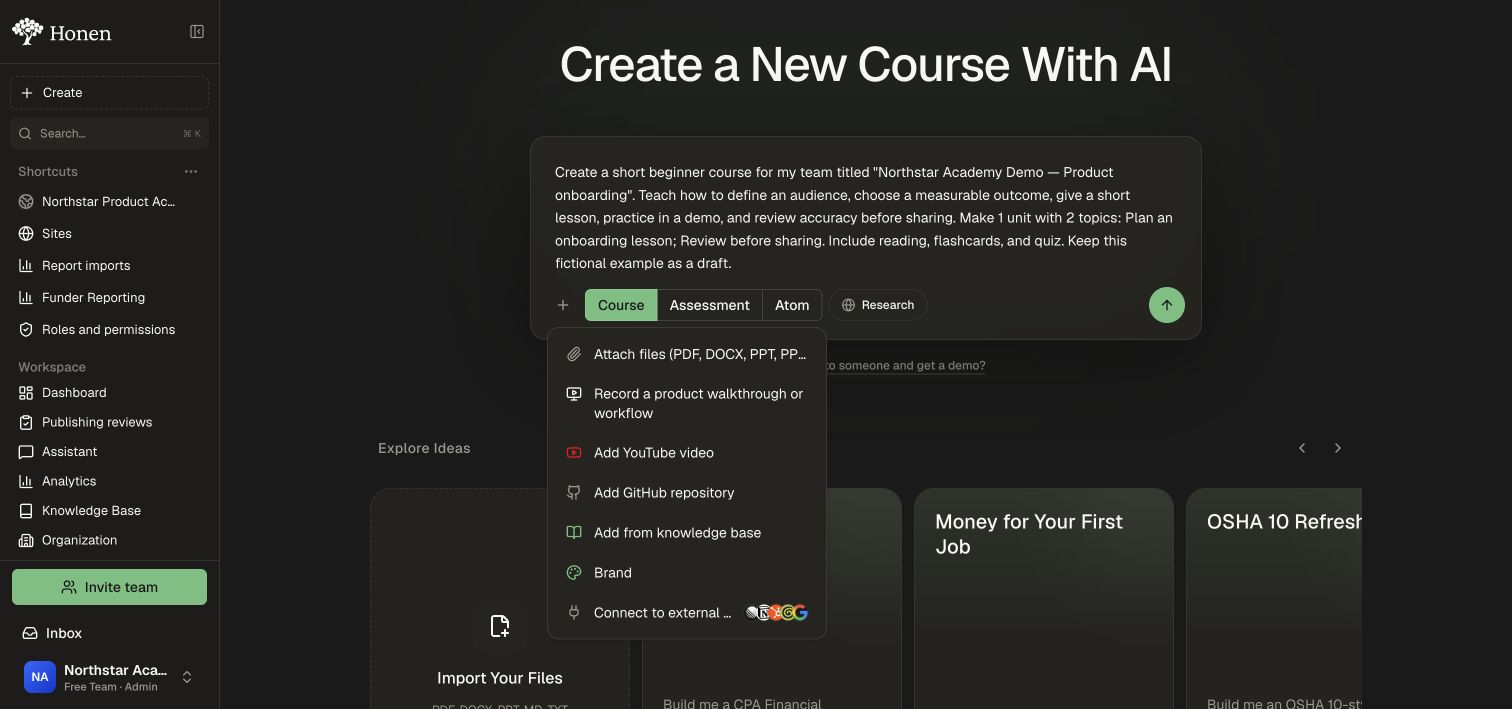 The course composer with Course selected and the Attach menu open