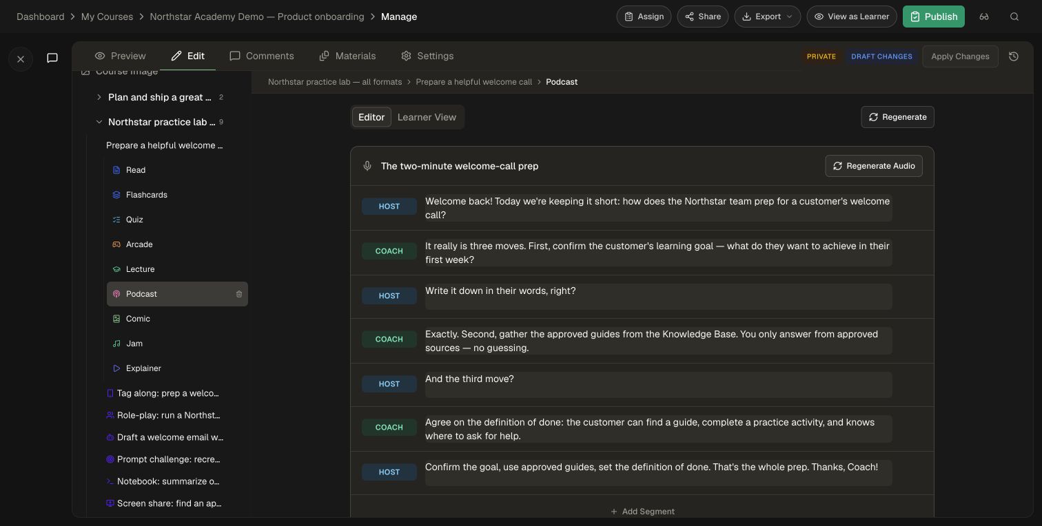 The demo podcast editor with speaker turns and audio regeneration