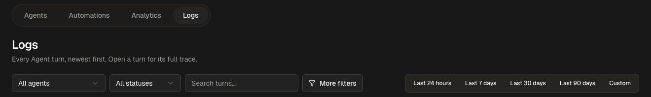 Agent, status, search, and date filters on the Logs page