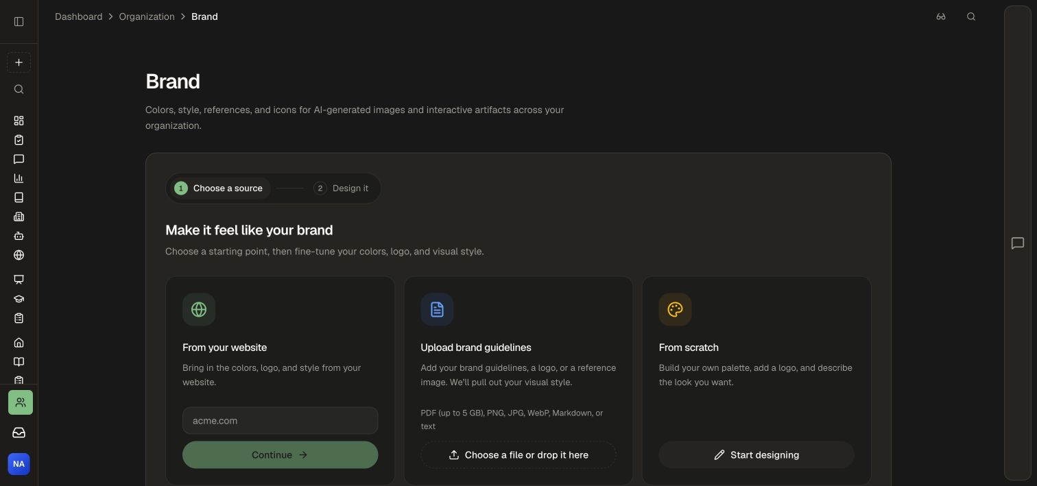 Brand setup offers website, guidelines, and from-scratch starting points