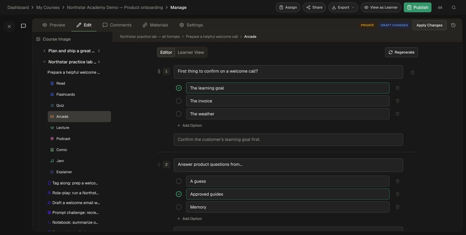 Arcade questions with the selected correct answer and Add Option controls