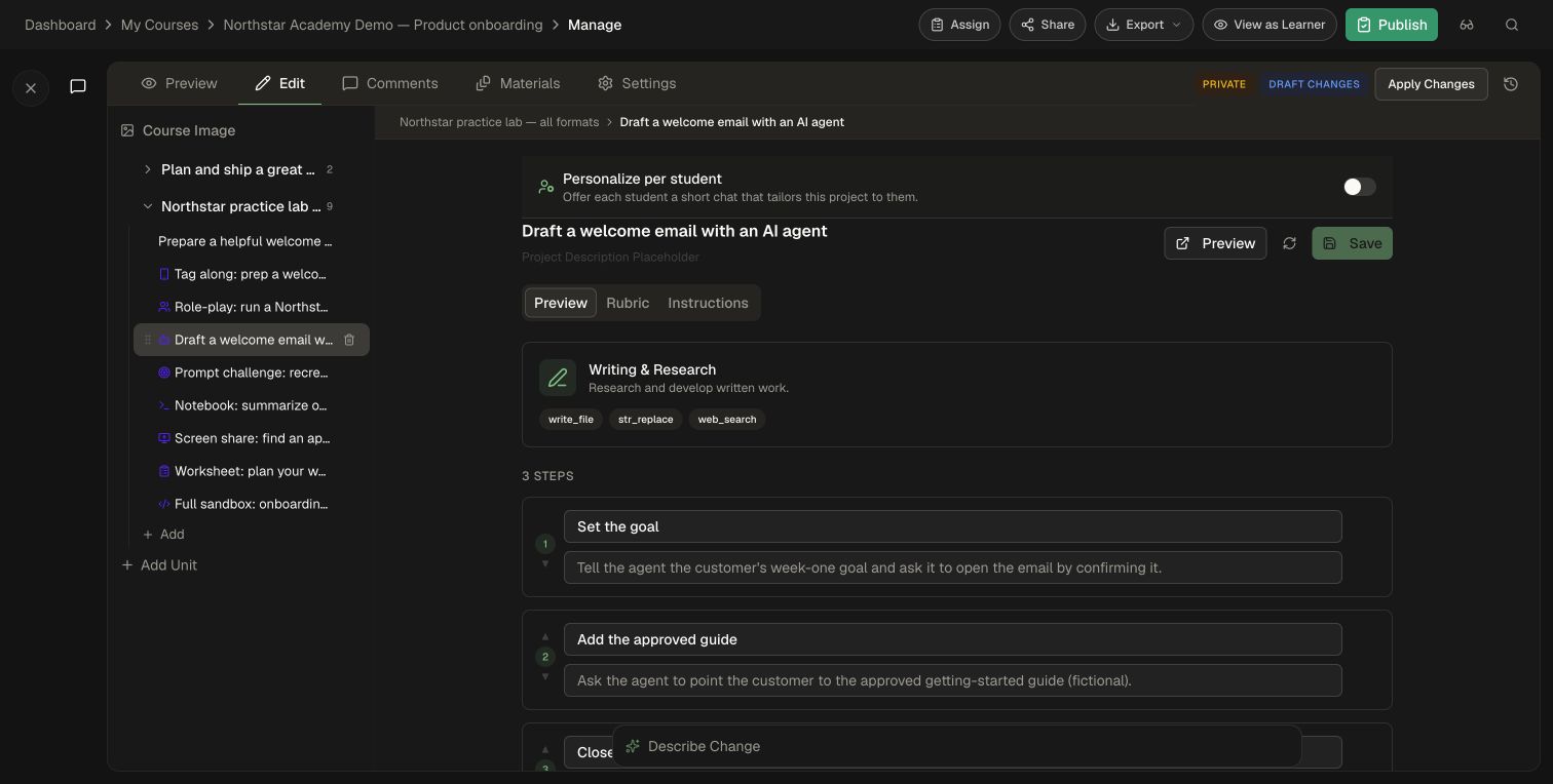 Writing and Research Agent project editor showing the fictional welcome-email steps
