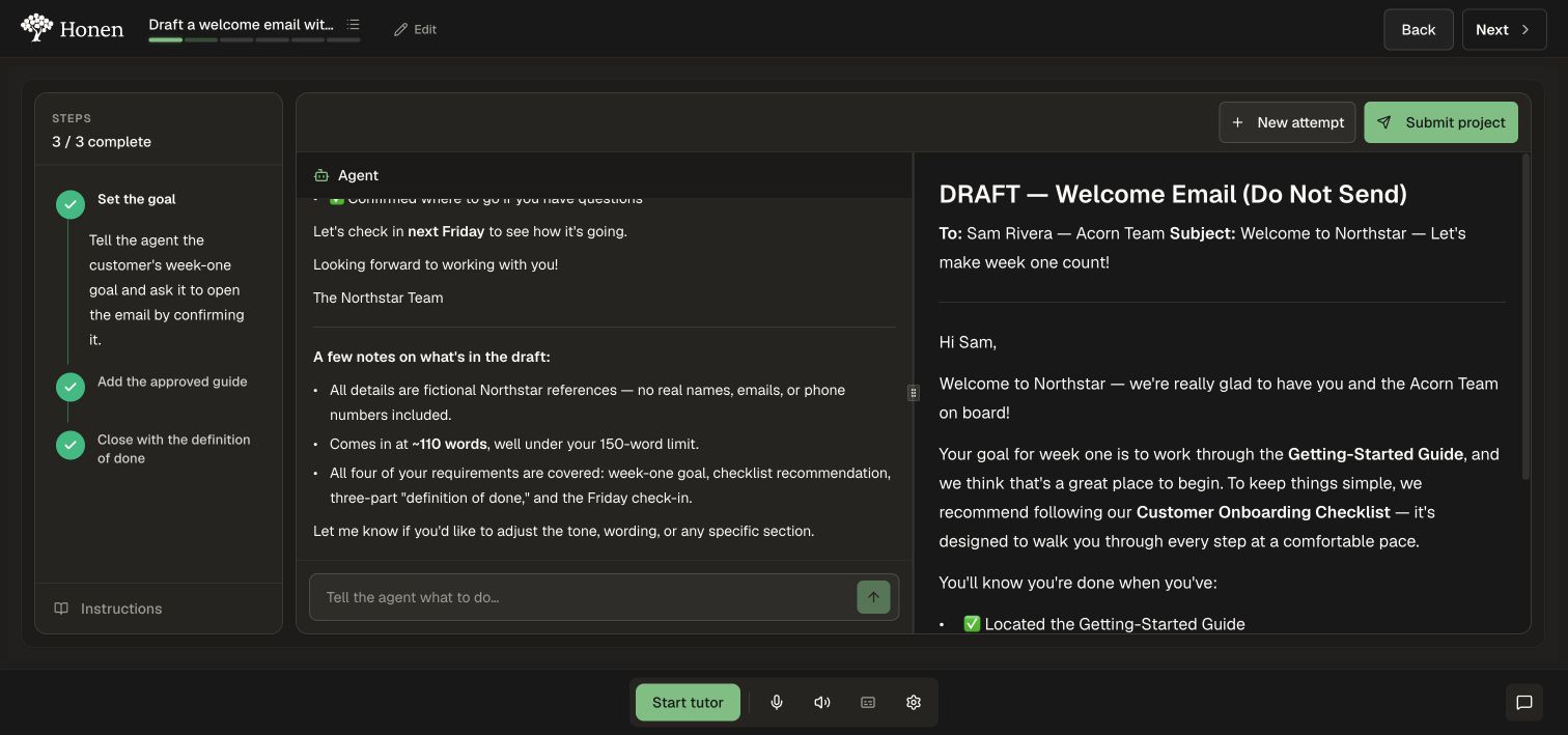 Agent learner view with three steps complete and a fictional welcome-email draft