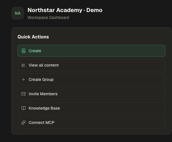 A workspace dashboard with Quick Actions
