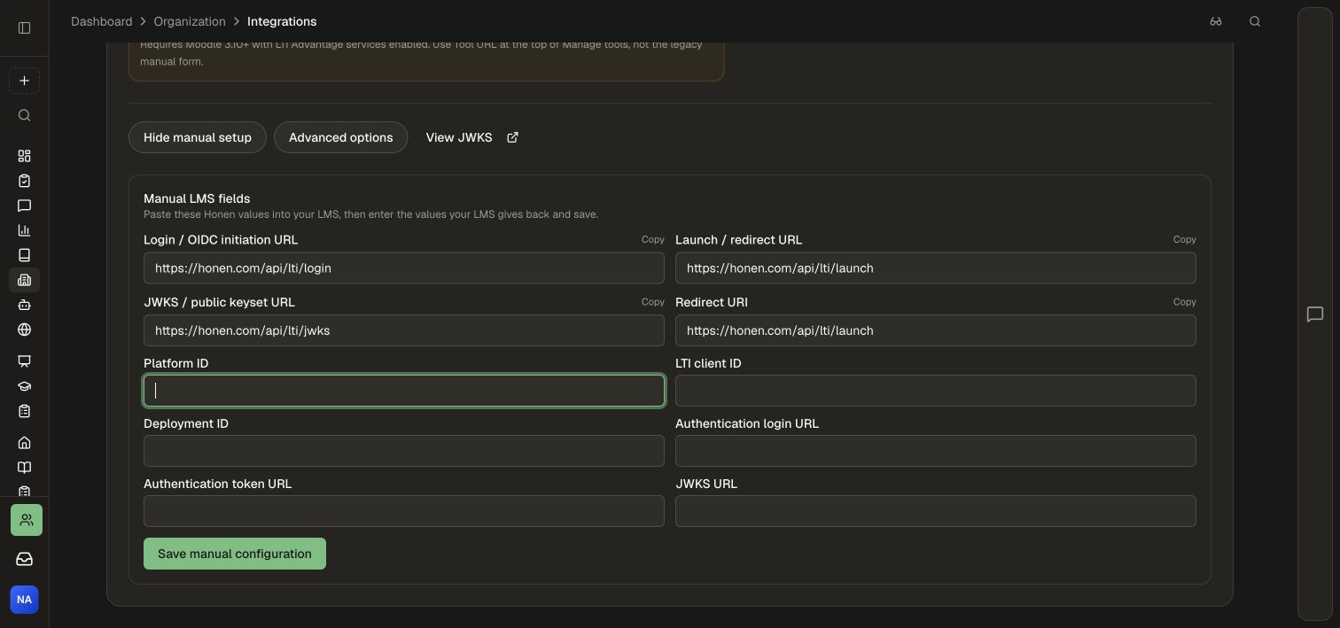 Honen's manual LTI fields show the tool URLs and the fields to receive from your LMS