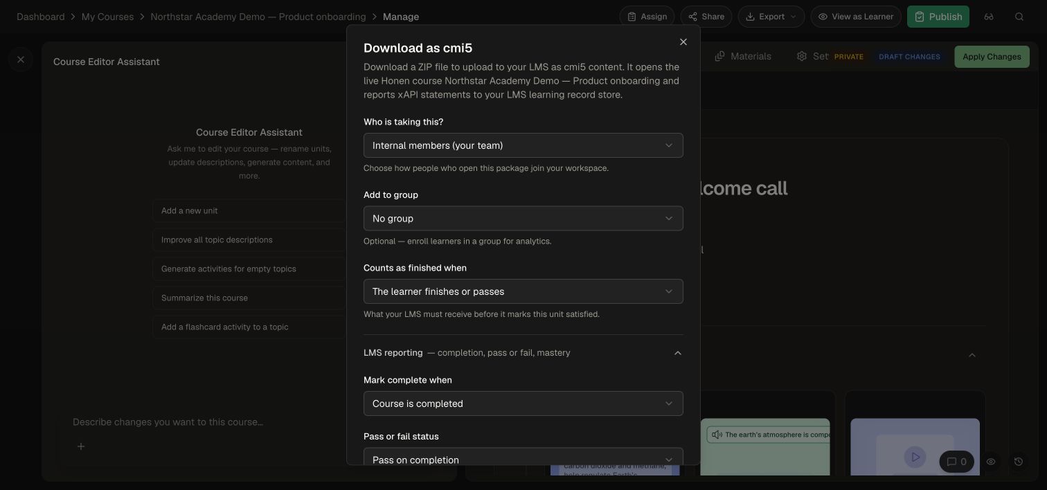The cmi5 export dialog showing the audience, optional group, and completion requirement