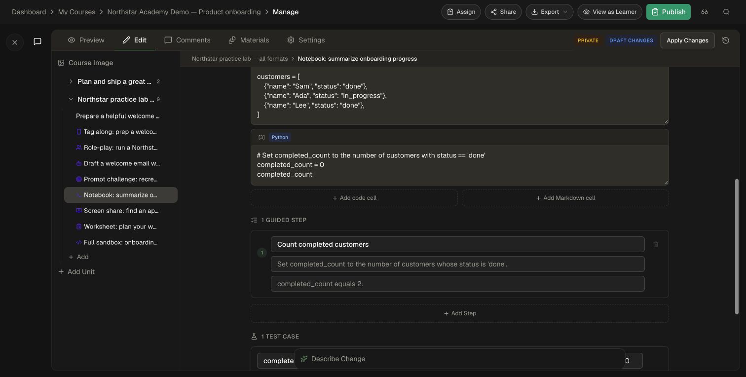 Code Notebook editor with fictional onboarding data, Python starter cells, and a guided step