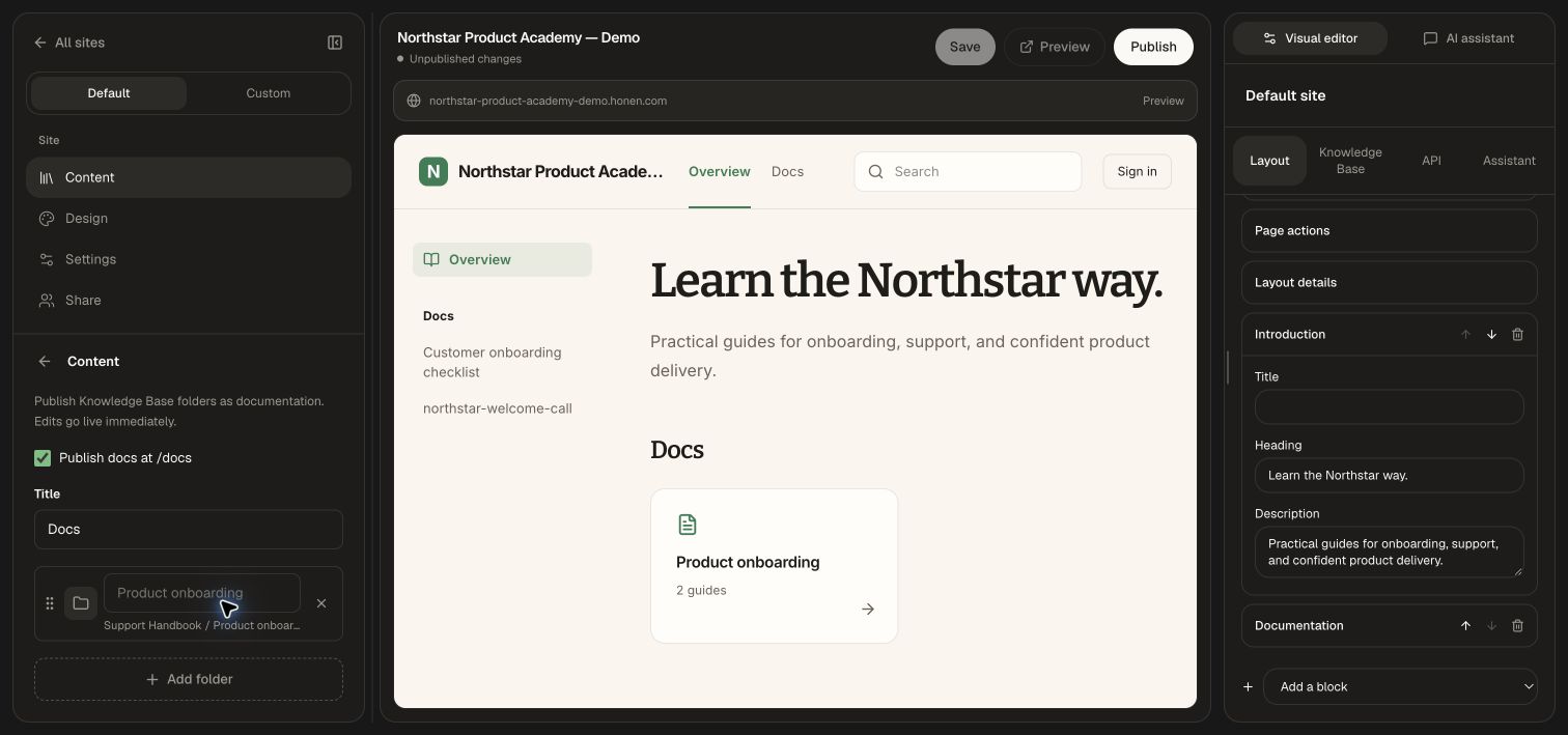 The fictional Product onboarding folder selected for docs