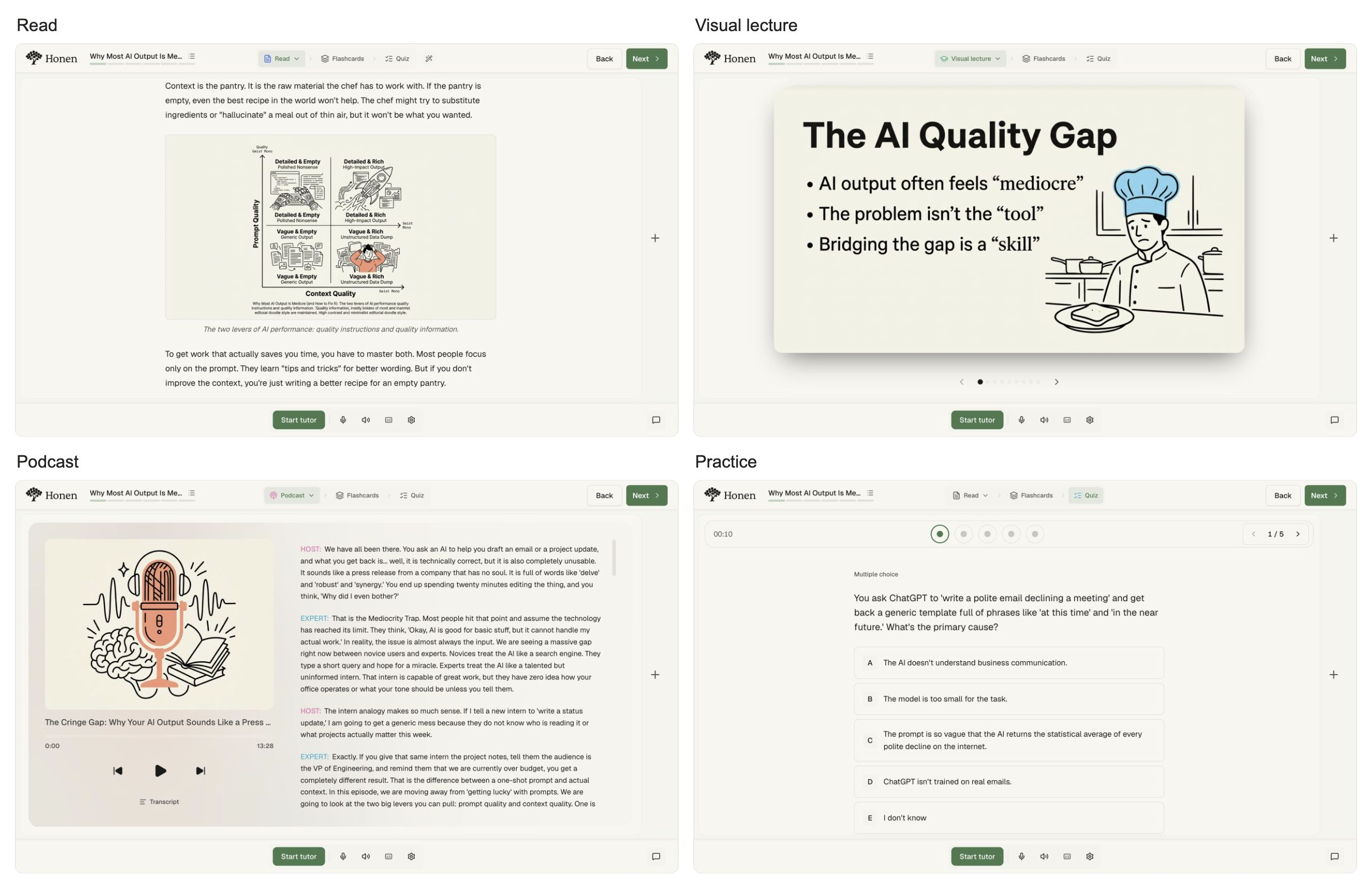 Honen learner experience showing Read, Visual lecture, Podcast, and Practice side by side