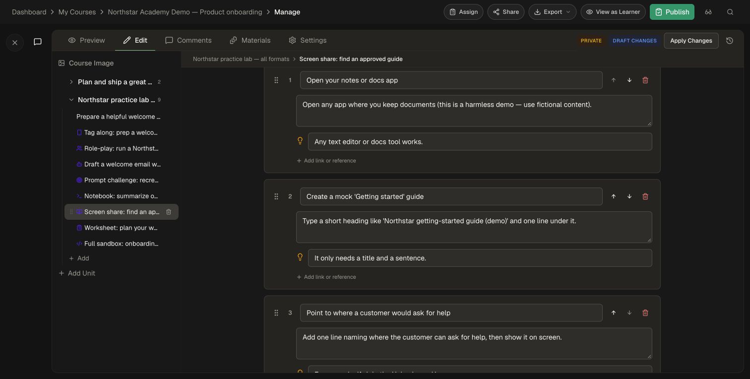 Screen Share editor with fictional documentation tasks, hints, and reference controls