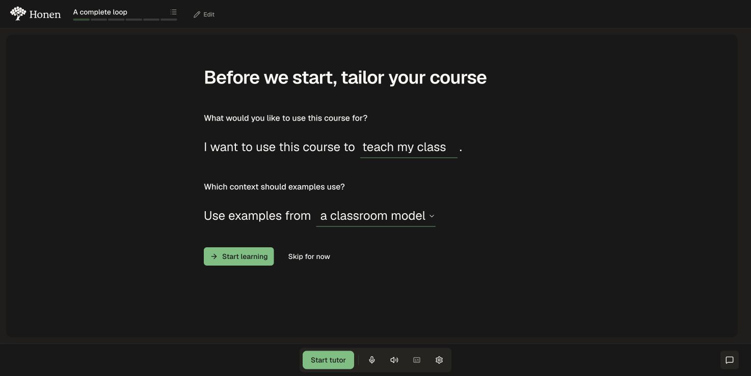 The course-start personalization screen with a sample learner goal, a context dropdown, the course header, and tutor controls