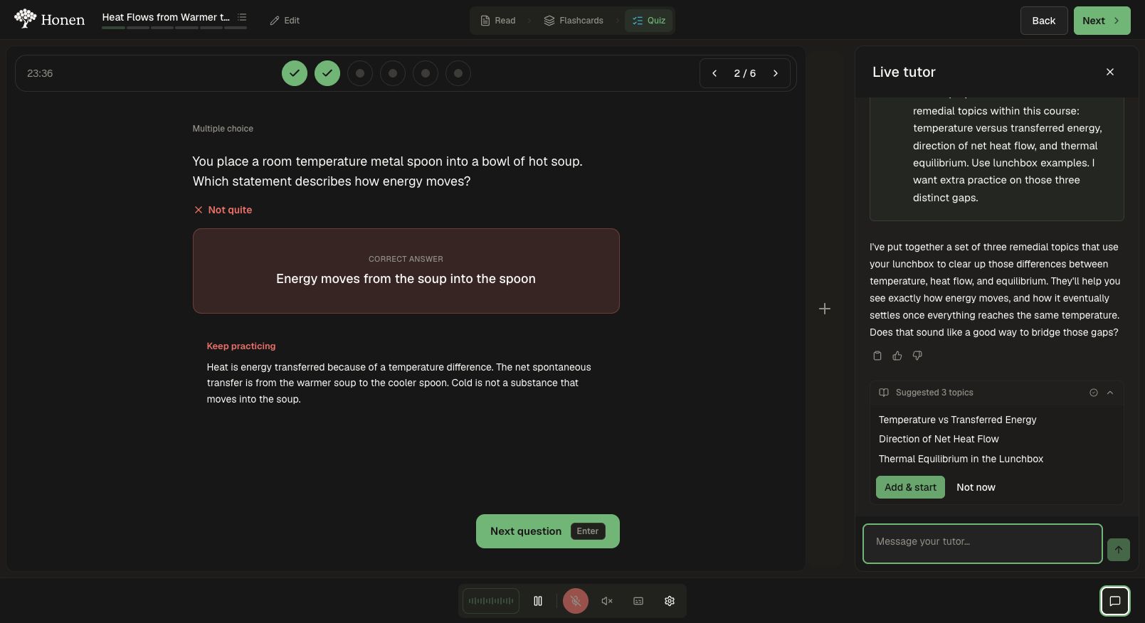 The tutor follows up on the learner's difficulty with three remedial topics and an Add and start action