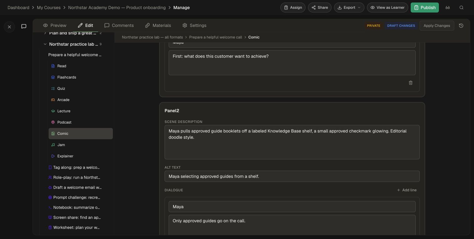 Comic scene descriptions, alt text, and dialogue in the demo editor