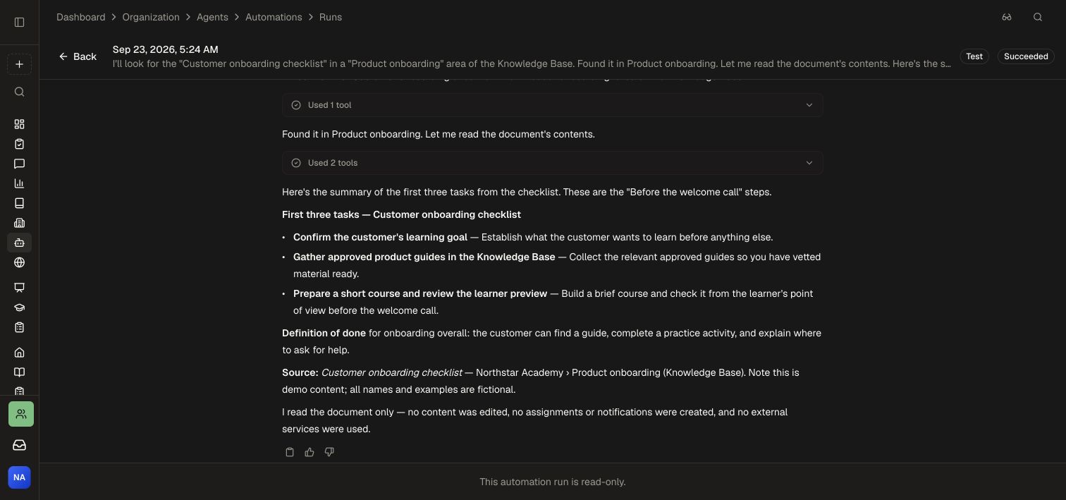 Successful automation test with a cited onboarding-checklist summary