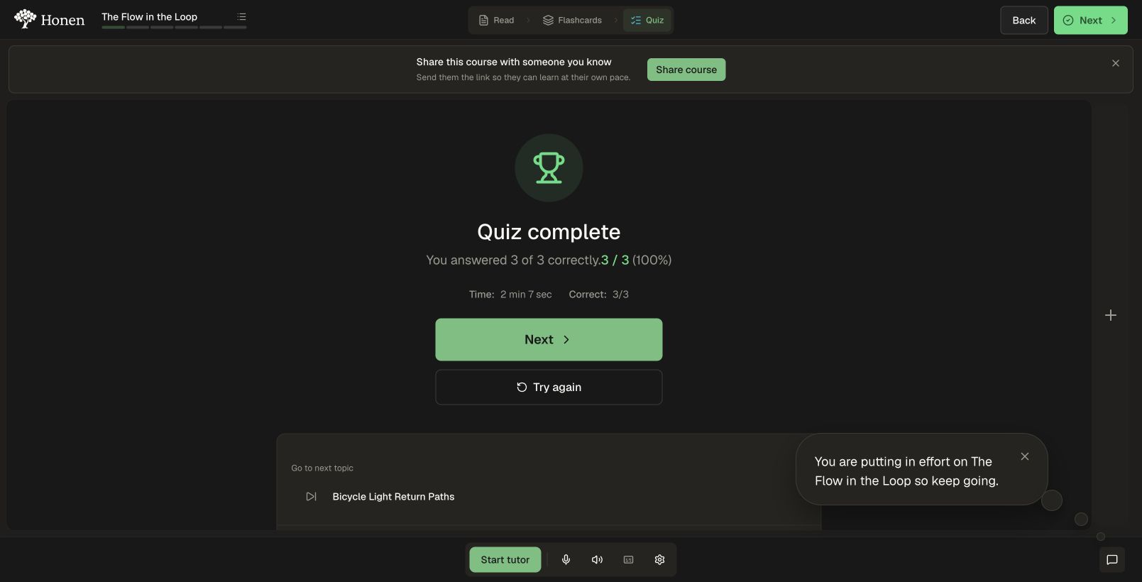 A completed three-question quiz with a brief encouragement message