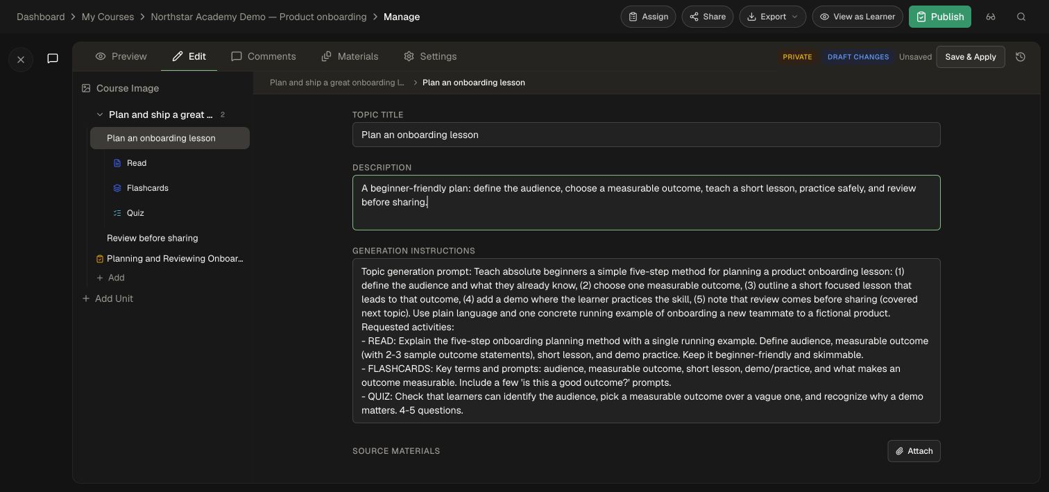 Editing the description of a fictional onboarding topic
