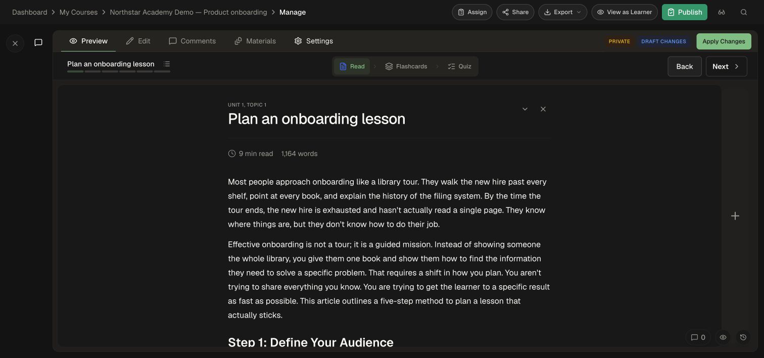 The course editor's Preview lets an author inspect the current learner experience