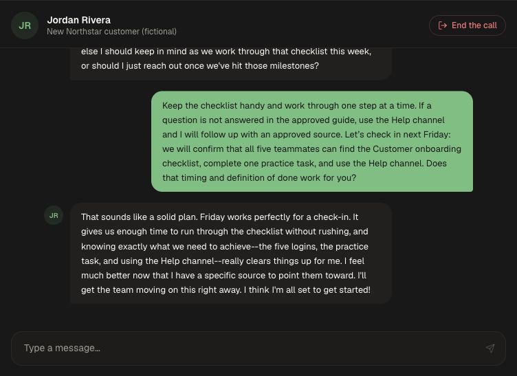 A text conversation confirms the customer’s next steps and Friday check-in