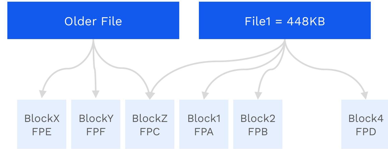 A diagram showing how File1 shares specific data blocks with an Older File to demonstrate deduplication. This is useful for illustrating data storage optimization and file system efficiency.