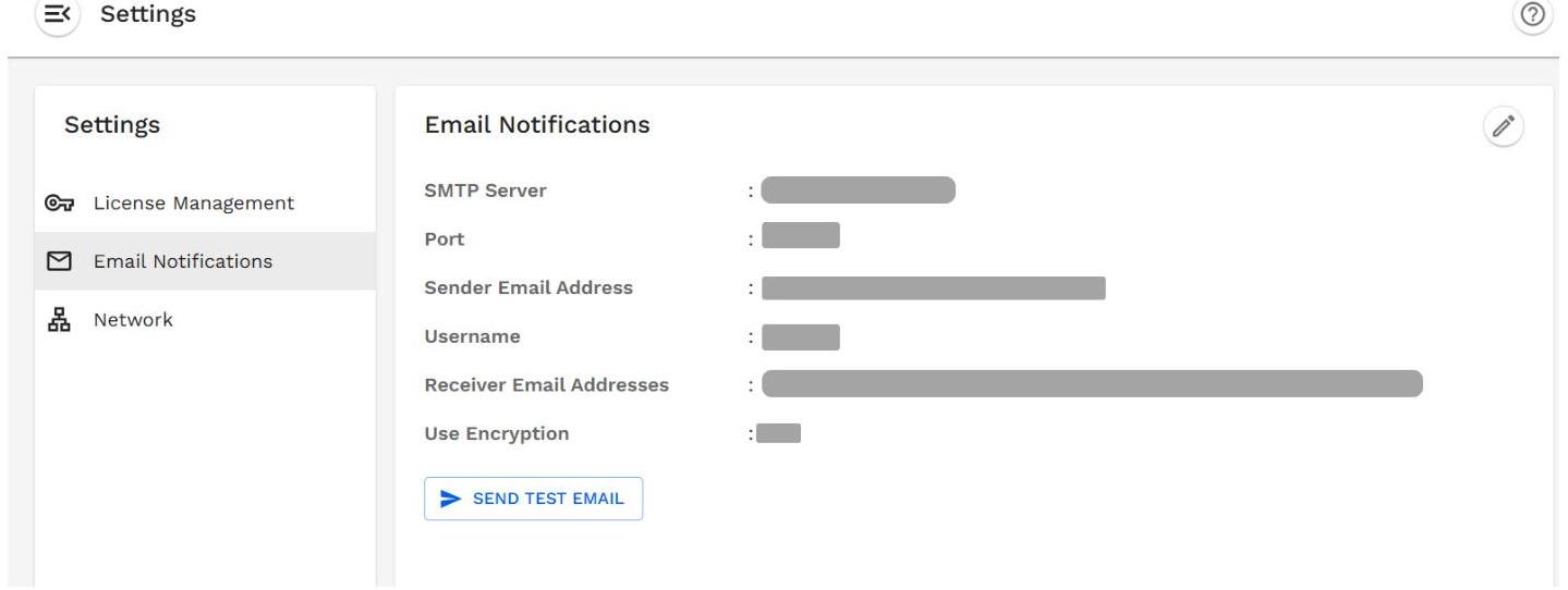 A settings interface displaying an Email Notifications configuration menu with fields for SMTP server and email addresses. This is useful for illustrating software configuration, email setup, or administrative settings.