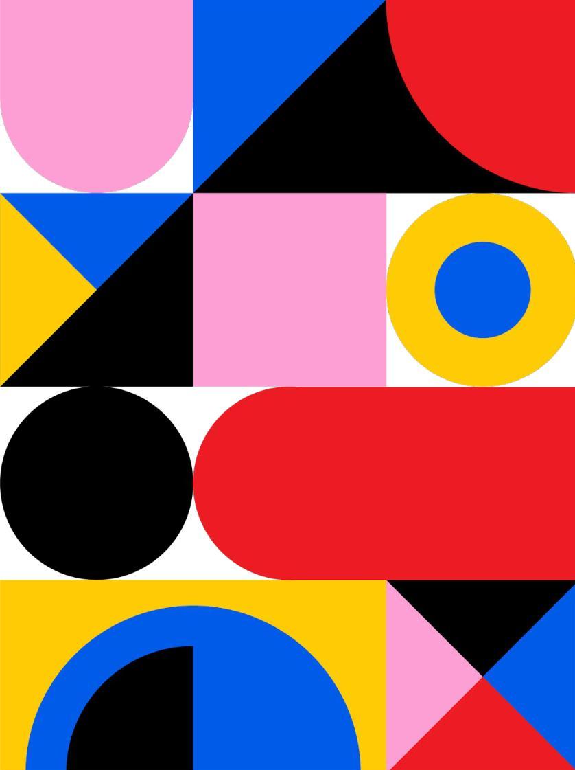 An abstract geometric pattern composed of colorful circles, squares, and triangles in a grid layout. This could be useful for illustrating graphic design, modern art, or data visualization concepts.