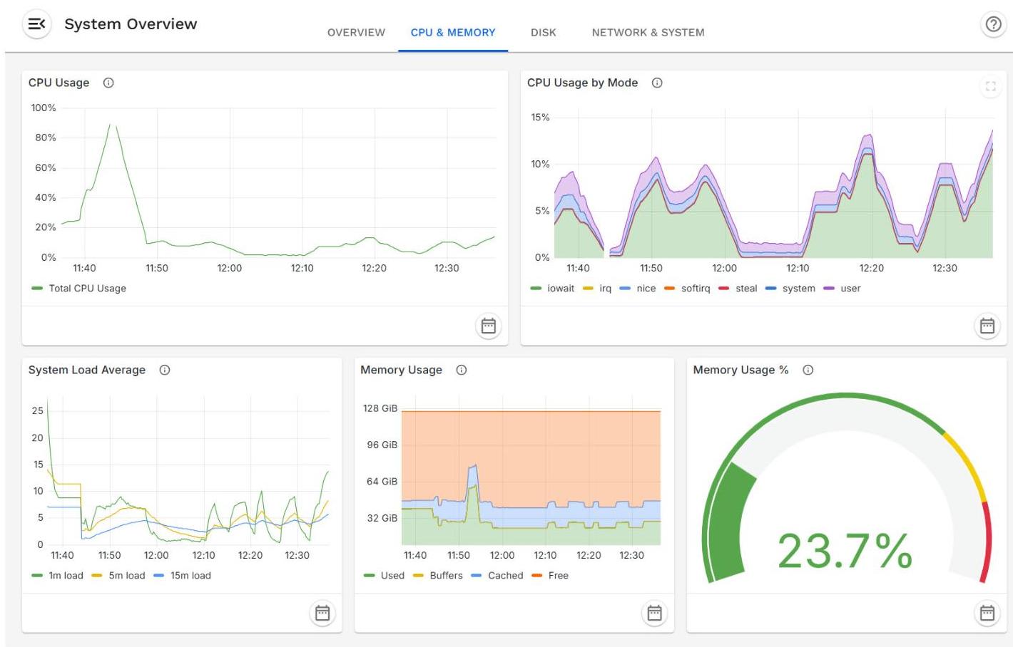 A dashboard displaying various system performance graphs including CPU usage, system load average, and memory utilization metrics. This is useful for illustrating server monitoring, resource management, and real-time system health analytics.