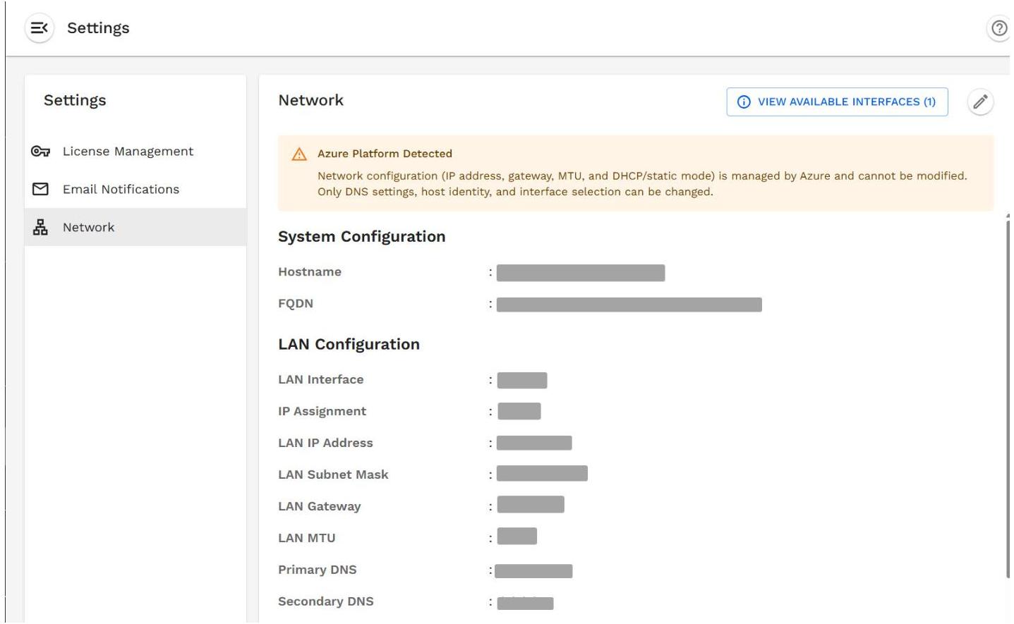A screenshot of a software settings menu showing network and system configuration options for an Azure platform. This is useful for illustrating network administration, cloud platform settings, or software user interfaces.