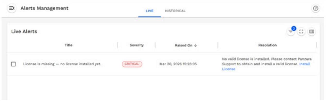 A screenshot of an Alerts Management dashboard displaying a critical live alert regarding a missing license. This could be useful for illustrating software monitoring, system administration, or error management interfaces.