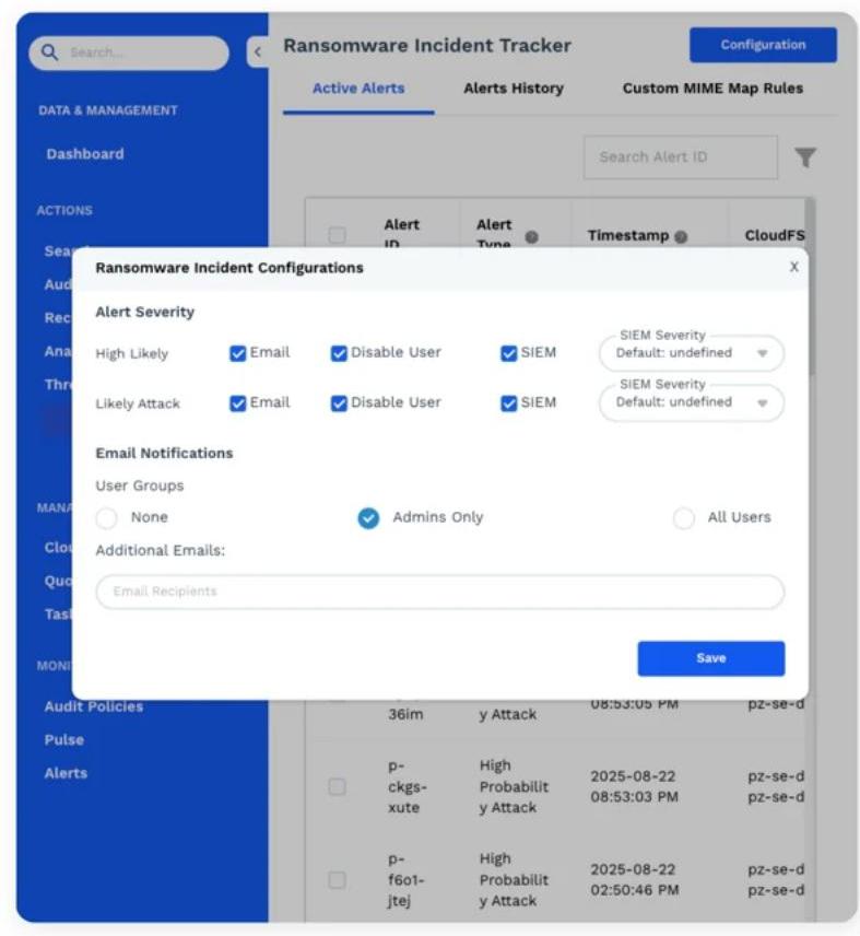 A software interface showing a Ransomware Incident Tracker with a configuration window for alert severity and email notifications. This image is useful for illustrating cybersecurity management, incident response workflows, and data protection software settings.