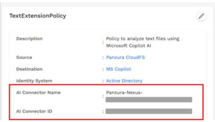 A screenshot of a TextExtensionPolicy configuration interface showing details like Description, Source, and AI Connector Name. This could be useful for illustrating software configuration settings or cloud data management policies.