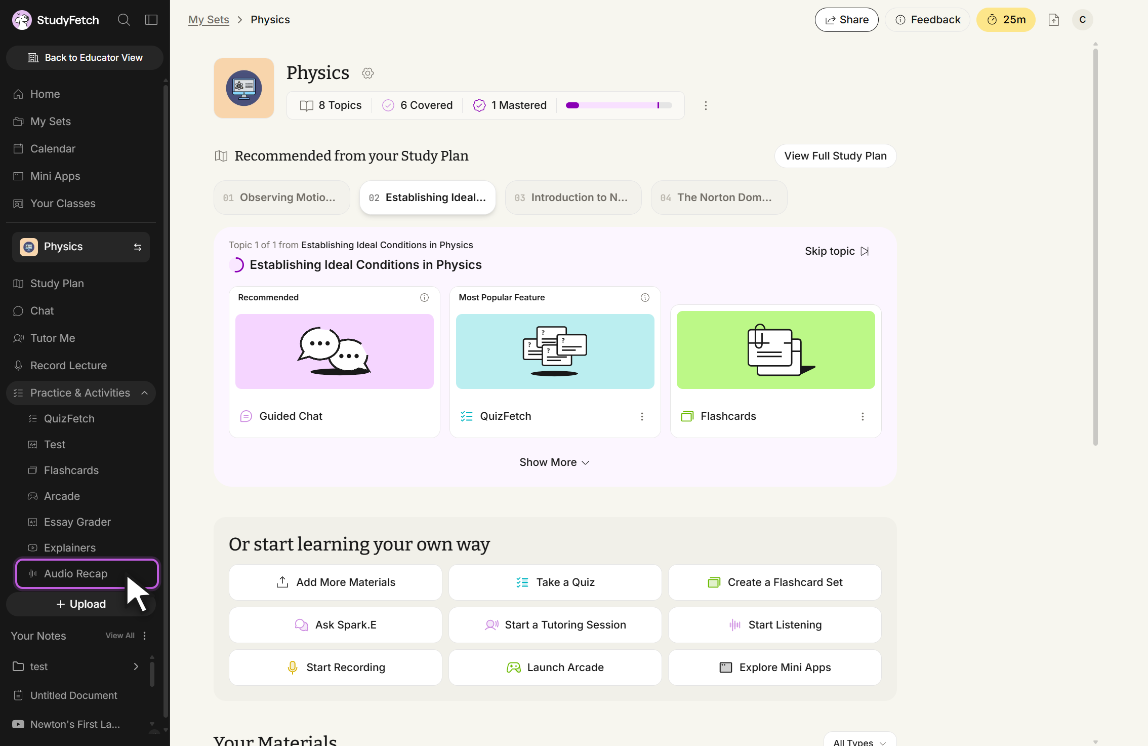 Study set page in StudyFetch with the left sidebar open. The Practice & Activities section is expanded and lists QuizFetch, Test, Flashcards, Arcade, Essay Grader, Explainers and Audio Recap, with Audio Recap highlighted and the cursor over it.