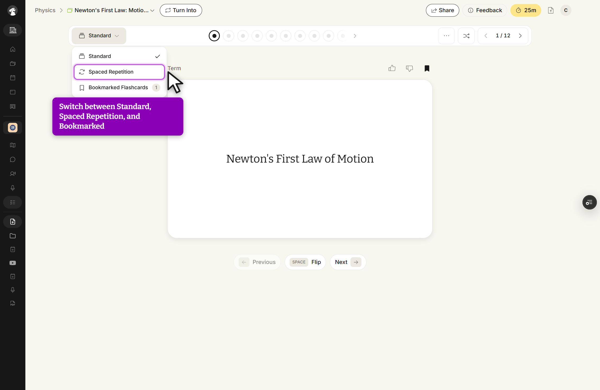The study mode dropdown open at the top left of the flashcard toolbar. It lists Standard with a checkmark, Spaced Repetition under the cursor, and Bookmarked Flashcards with a badge showing how many cards are bookmarked. The card front sits behind the open menu.
