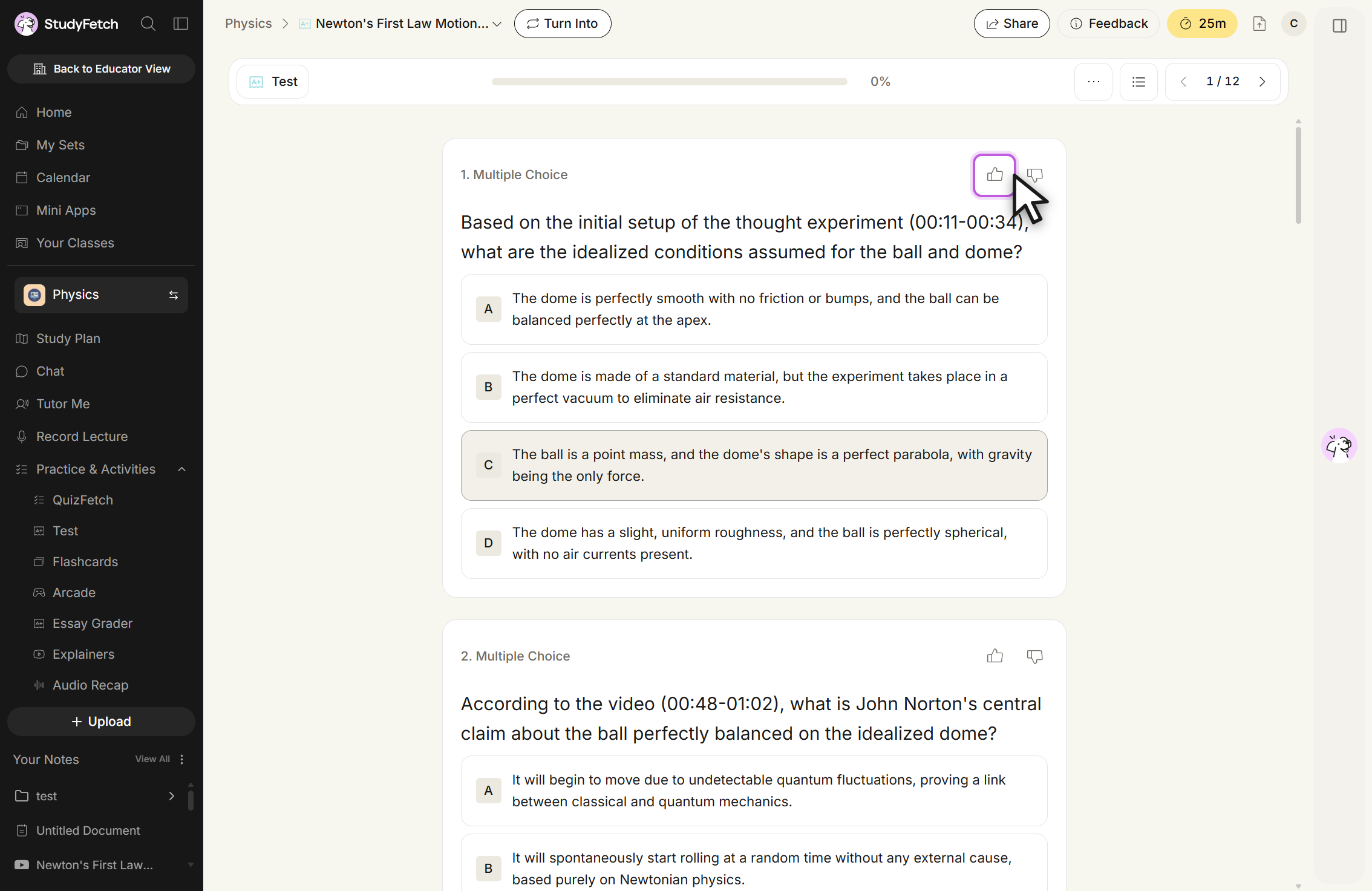 The Test view with all questions shown. The card for question 1, a Multiple Choice question about the thought experiment at 00:11-00:34, carries a thumbs up and a thumbs down button at its top right; the thumbs up is outlined with the cursor on it. The card for question 2 below has the same pair of buttons.