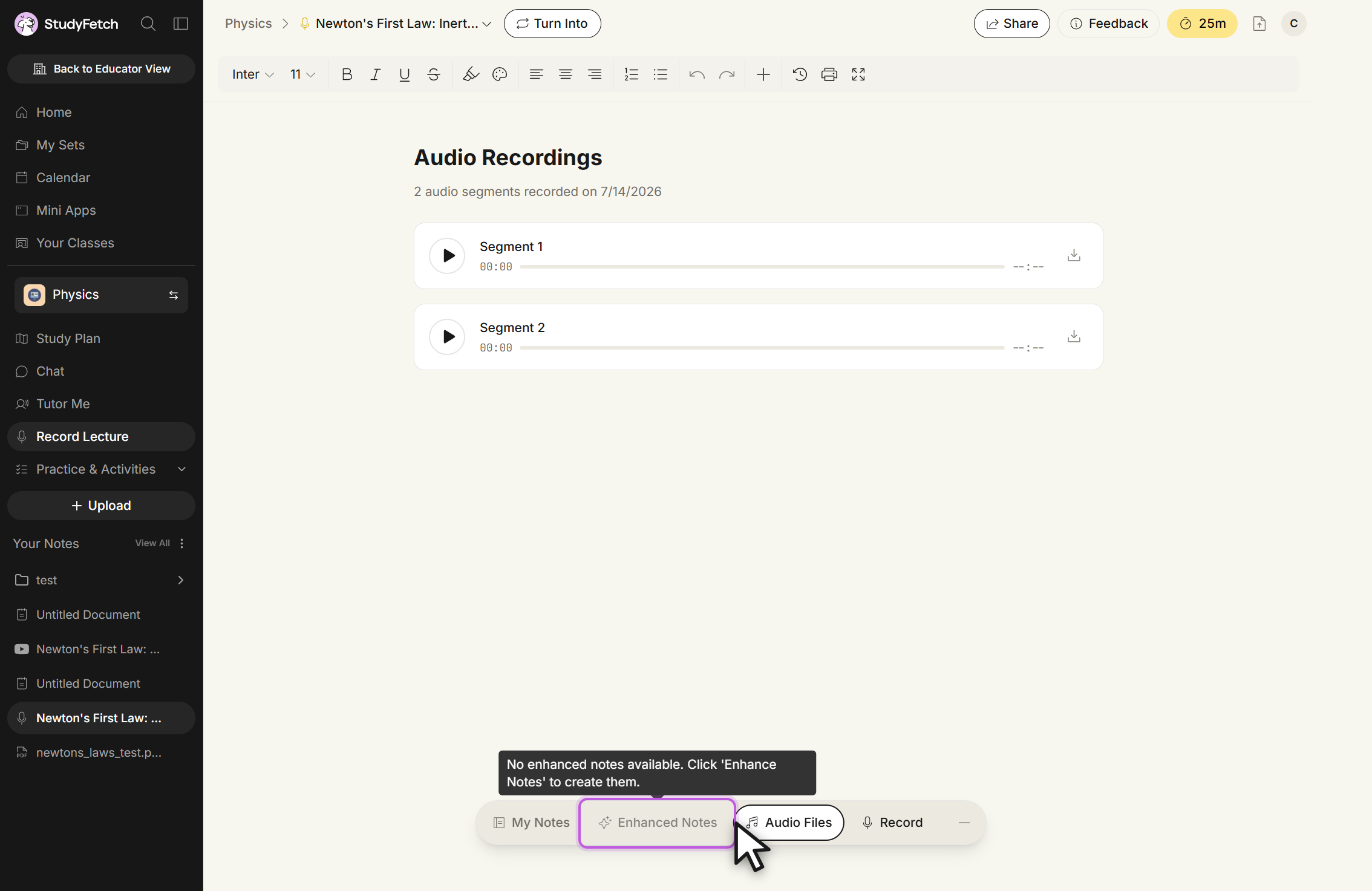 The Audio Recordings page of a saved Live Lecture session, listing the recorded audio segments as rows. The bottom toolbar holds the tabs My Notes, Enhanced Notes, Audio Files, and Record. The Enhanced Notes tab is greyed out and outlined with the cursor over it, and a tooltip above it reads No enhanced notes available. Click 'Enhance Notes' to create them.