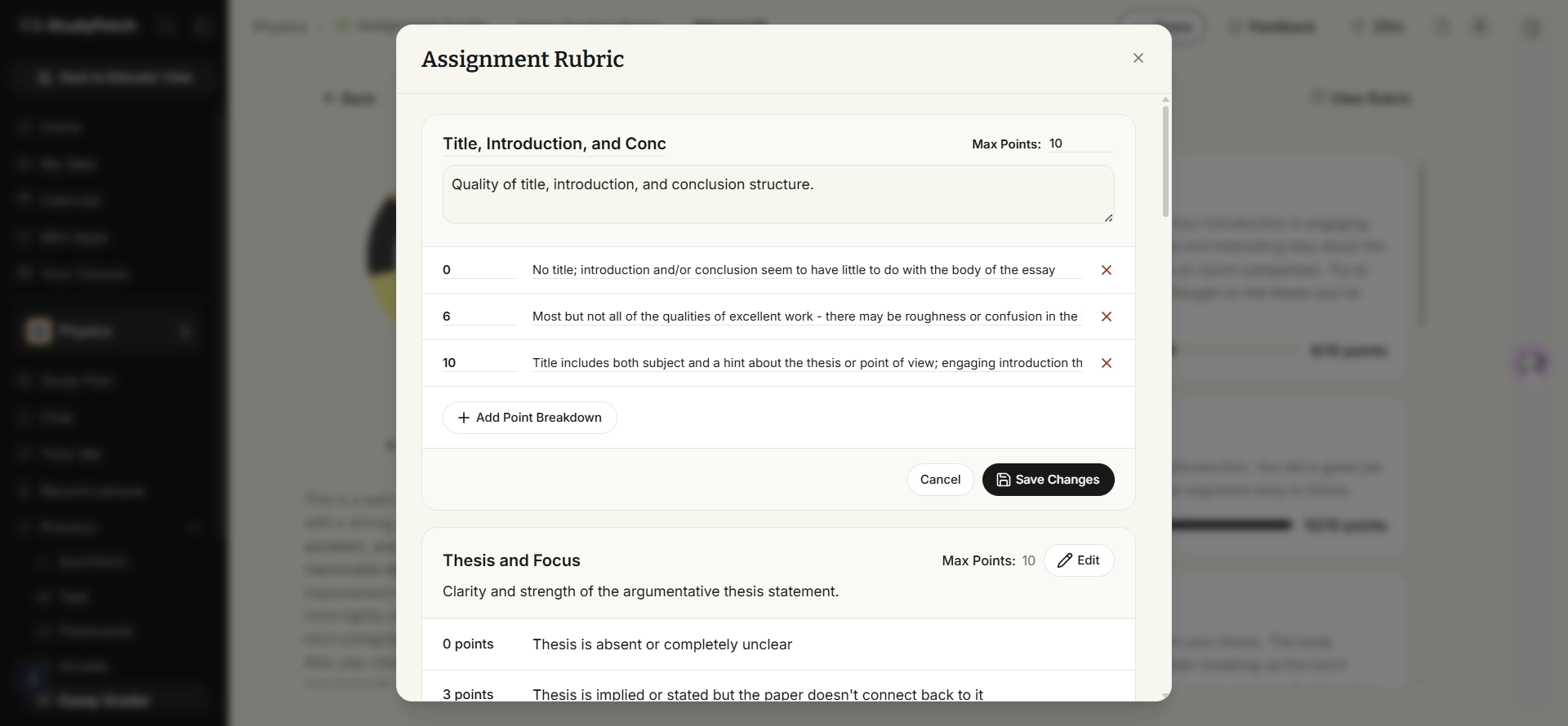 The Assignment Rubric modal with one category in edit mode: editable title, max points, and description fields, editable point rows with remove buttons, an Add Point Breakdown button, and Cancel and Save Changes buttons.