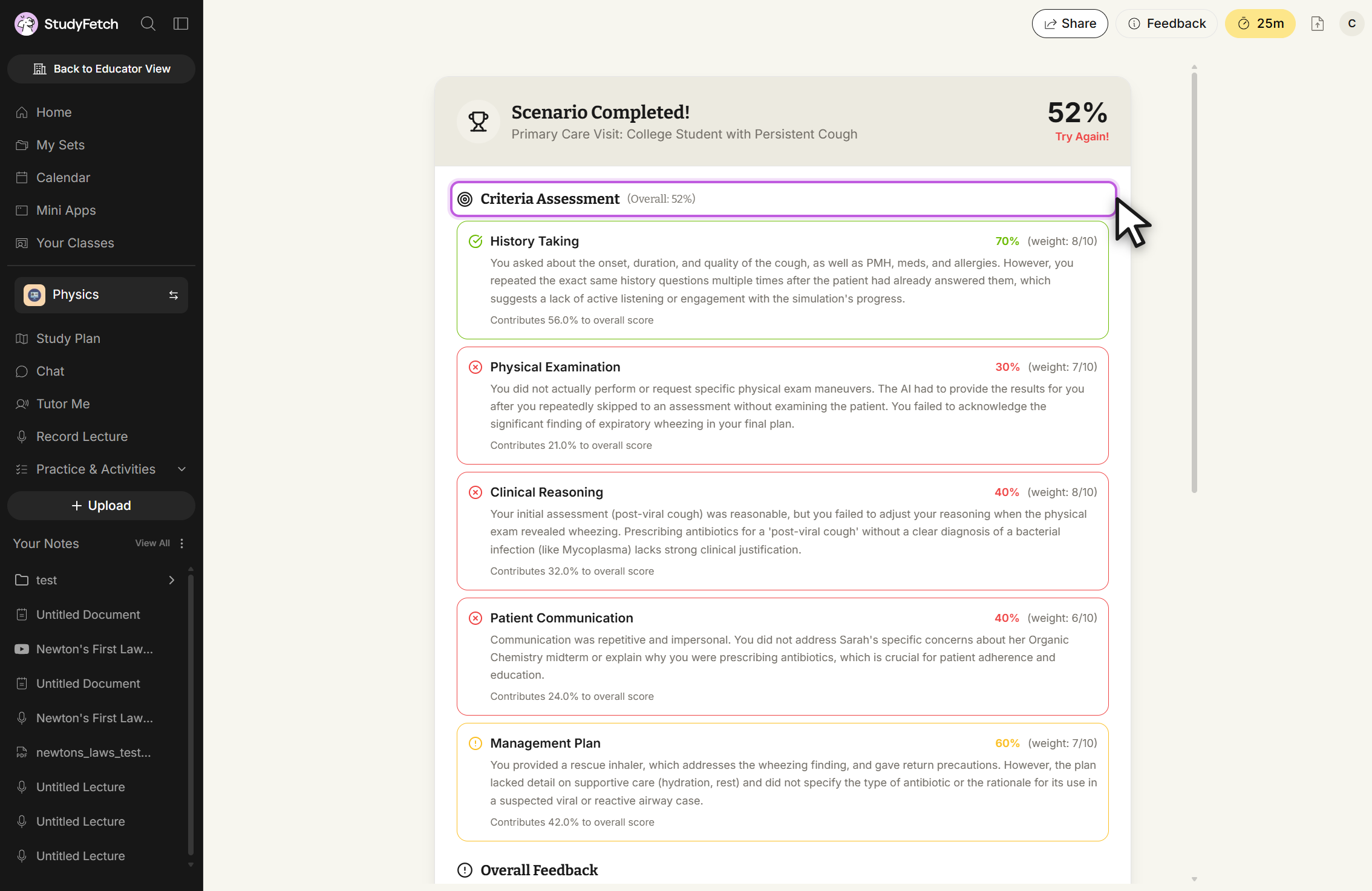 Scenario Completed! screen for Primary Care Visit: College Student with Persistent Cough, showing 52% and Try Again! at the top right. The Criteria Assessment header reads (Overall: 52%) and is outlined with the cursor on it. The criteria below are History Taking at 70%, weight 8/10, contributing 56.0% to the overall score; Physical Examination at 30%, weight 7/10, contributing 21.0%; Clinical Reasoning at 40%, weight 8/10, contributing 32.0%; Patient Communication at 40%, weight 6/10, contributing 24.0%; and Management Plan at 60%, weight 7/10, contributing 42.0%. An Overall Feedback heading begins at the bottom of the frame.